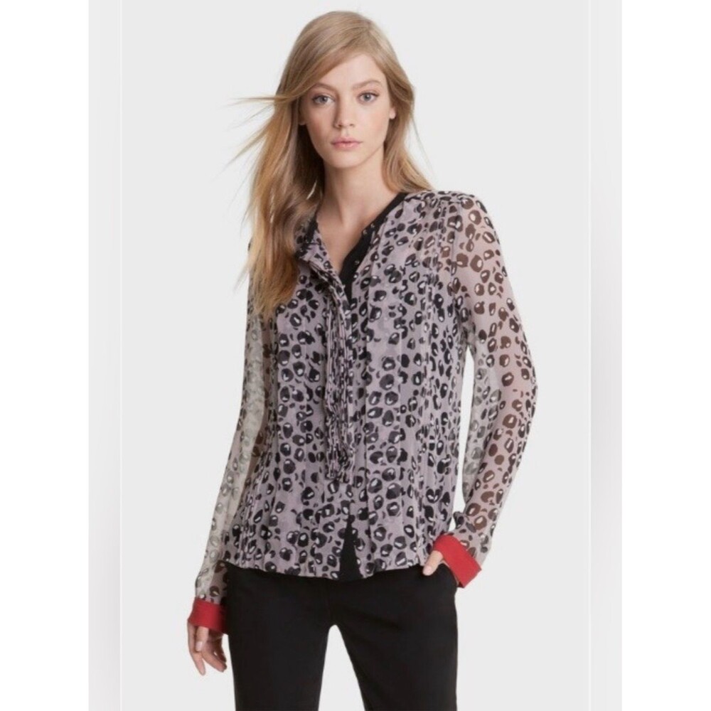 Diane Von Furstenberg Leopard-Print Silk Blouse Fushia Cuffs Sz P (S) Office